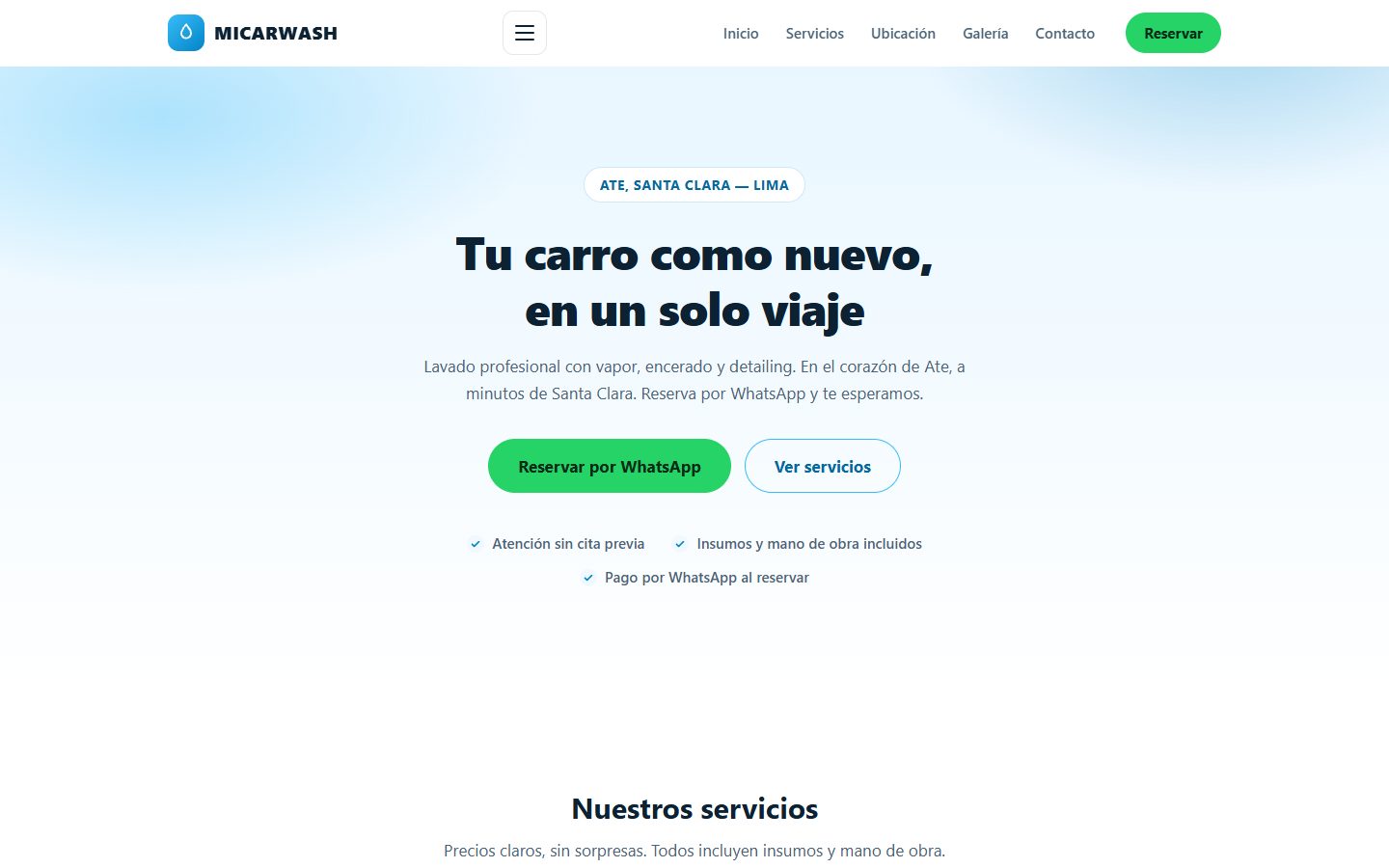 Portada de la web de MICARWASH: car wash en Santa Clara, Ate, con botón para reservar por WhatsApp